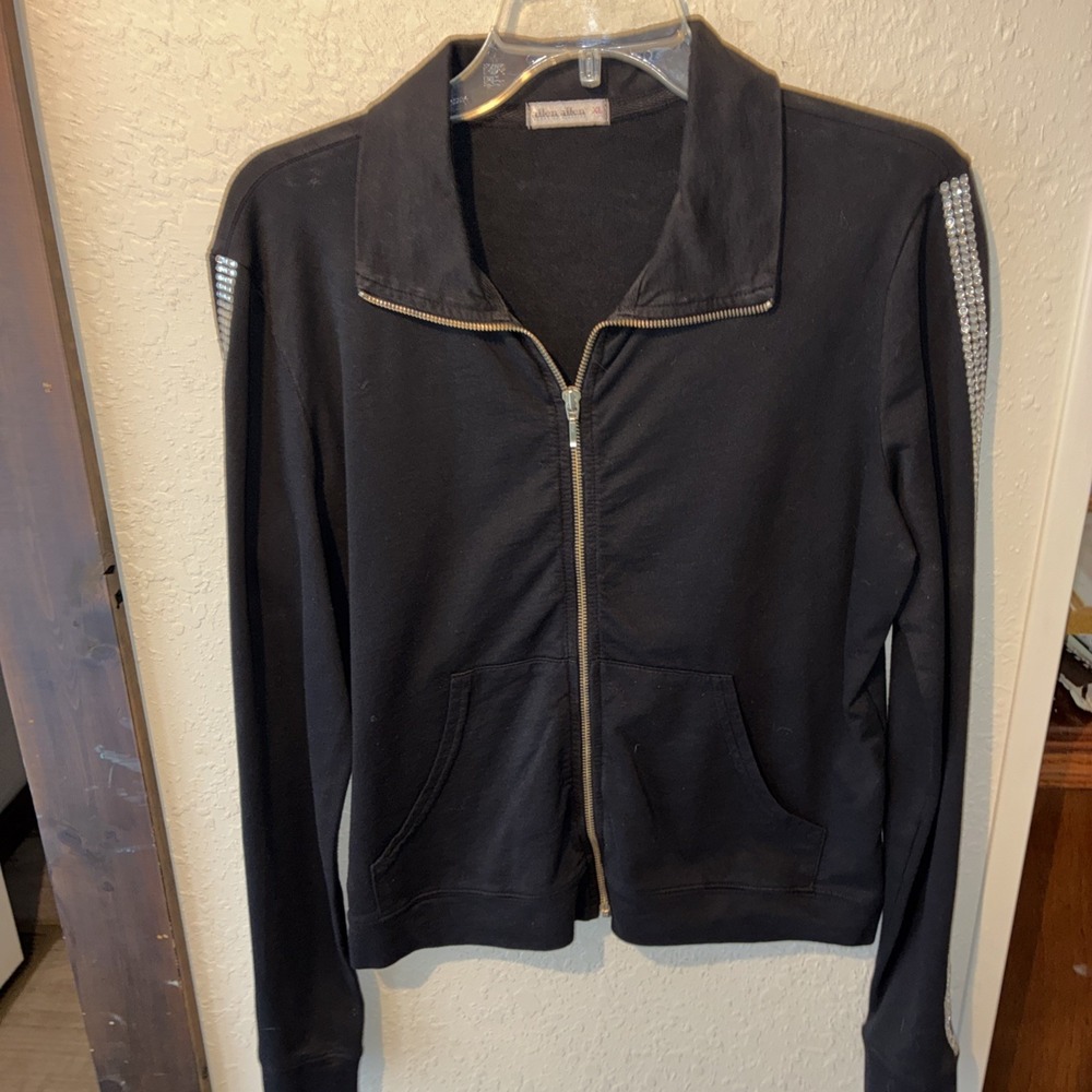 vtg womens allen allen xl black cotton jacket rhinestone sleeves Full Zip